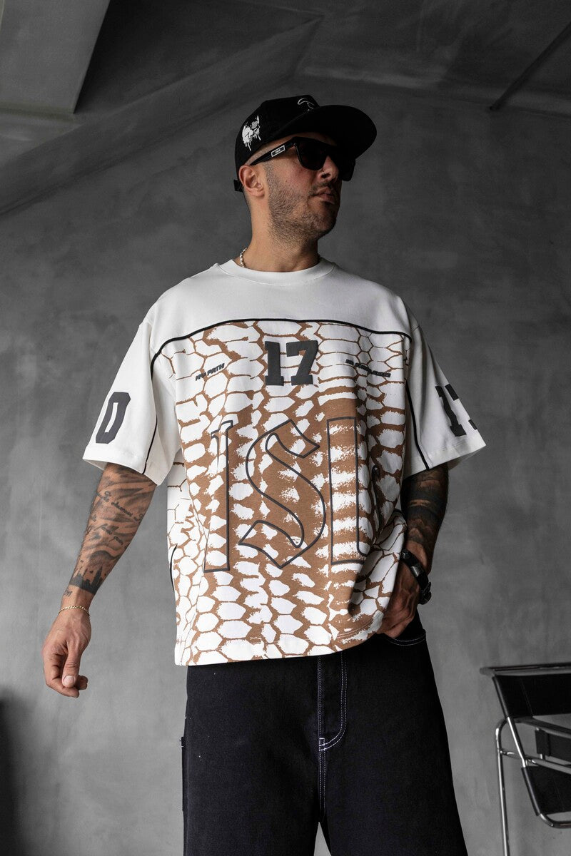 ყავისფერი მაისური გველის პრინტით – Snake Print Jersey, თანამედროვე და გამორჩეული დიზაინი მამაკაცისა და ქალისთვის, შესაფერისი საჩუქრად.